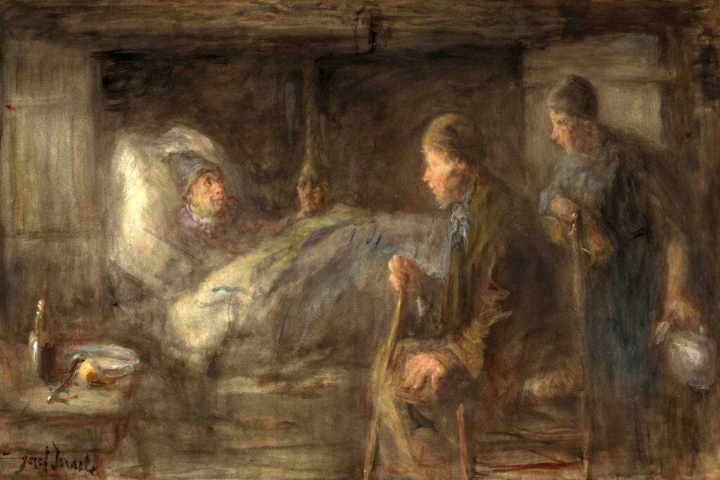 Oil painting of a sick man in bed, dating from the second quarter of the 19th century