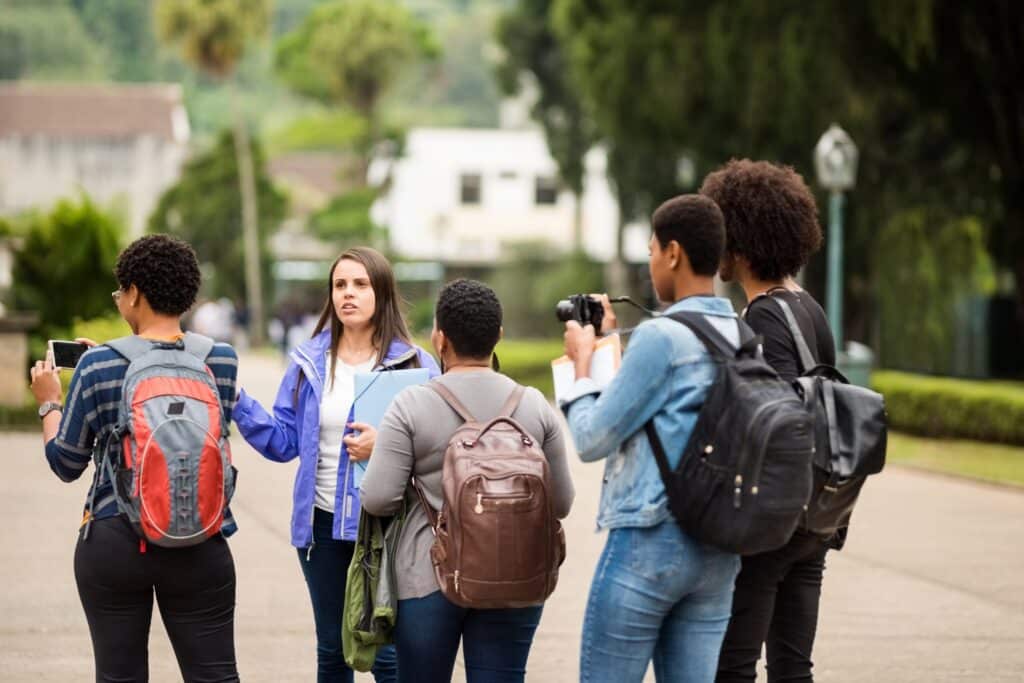 Tourists on tour of small town