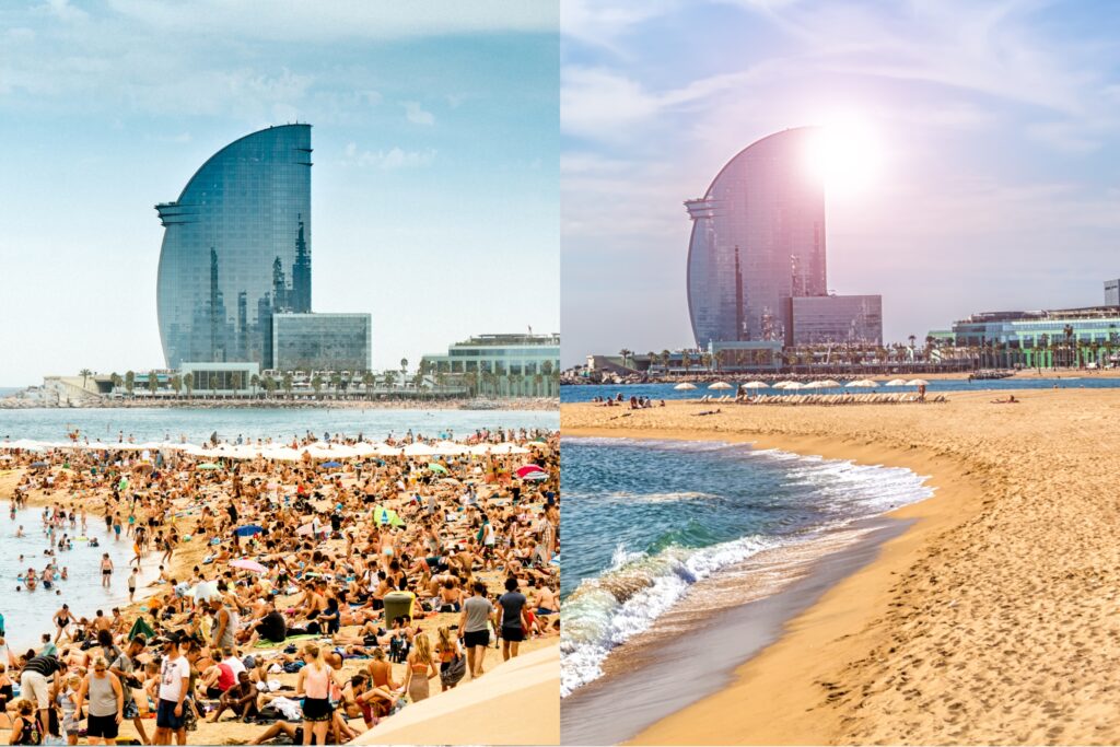 Side-by-Side Comparison of Barceloneta Beach, Crowded vs. Empty