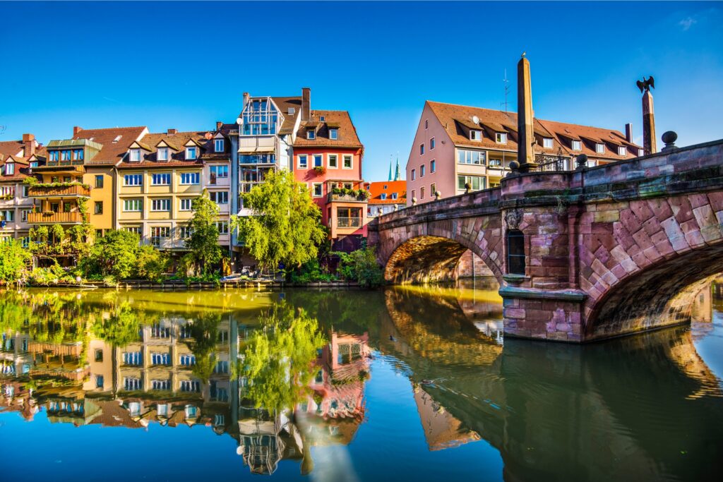 River, bridge and buildings in Nuremberg, Germany