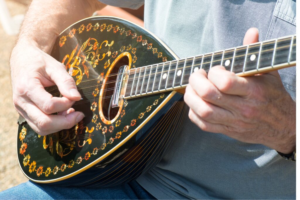 Close up of man playing a bouzouki: hands and instrument