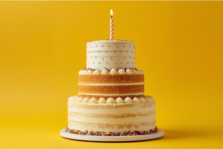 Three-tiered birthday cake with a single candle