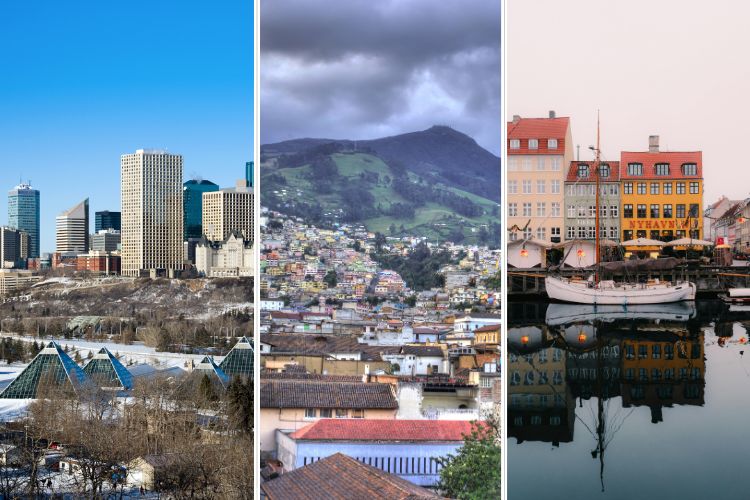 Composite of three photos: one of Edmonton, Canada, one of Quito, Ecuador, and one of a city in Denmark